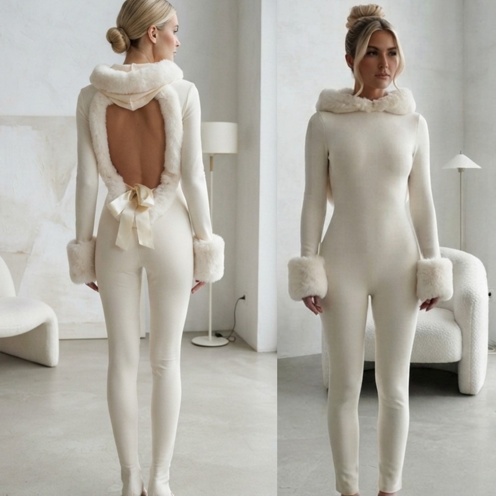 New SKIMS Cloud Jumpsuit Ecru Faux Fur Trim Hooded XS Lounge White Cream NWT